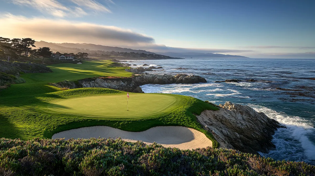Scenic golf course fairway lined with trees and manicured rough under blue skies